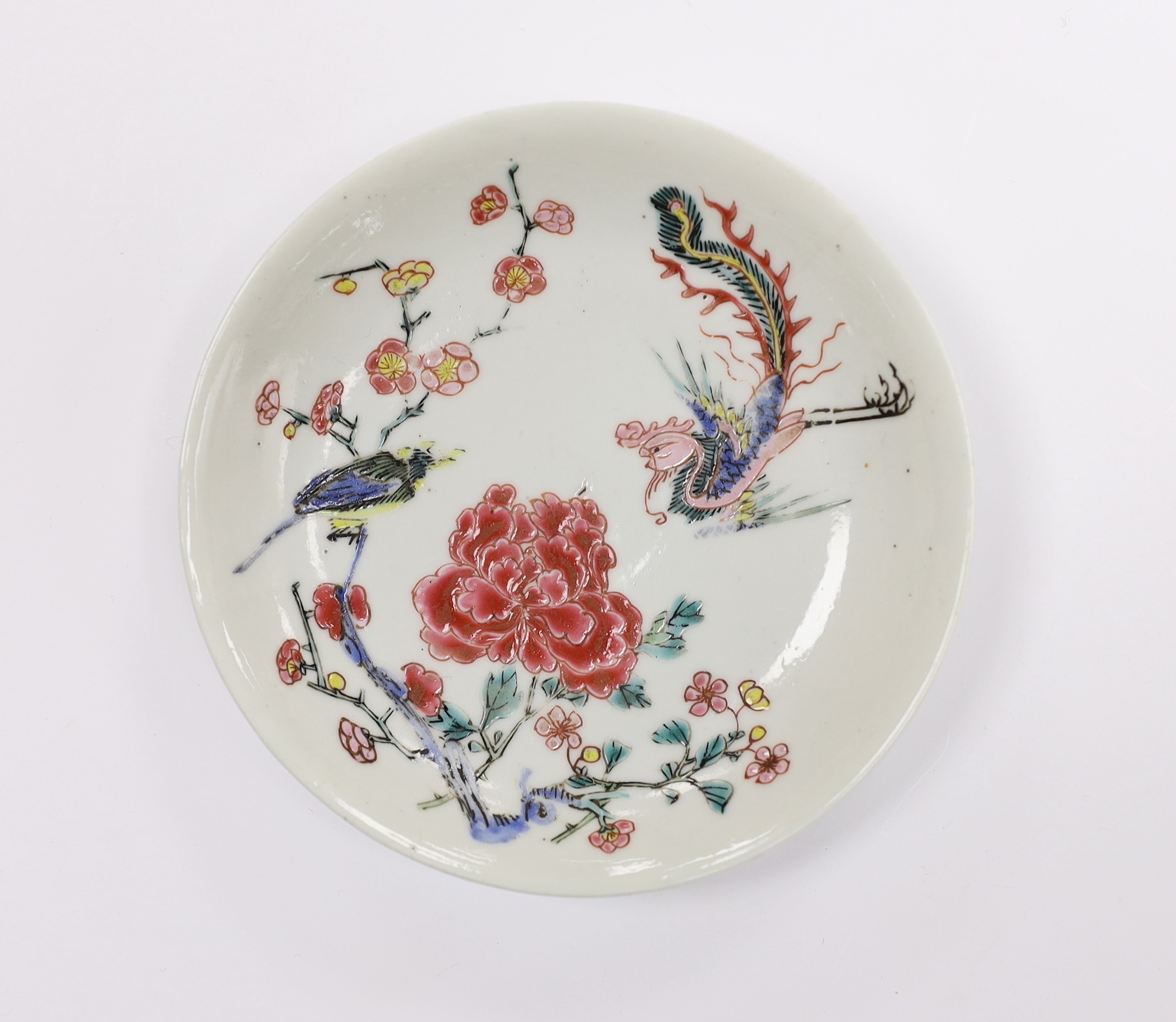 A Chinese famille rose fencai ‘phoenix and peony’ saucer dish, Yongzheng period, 10cm